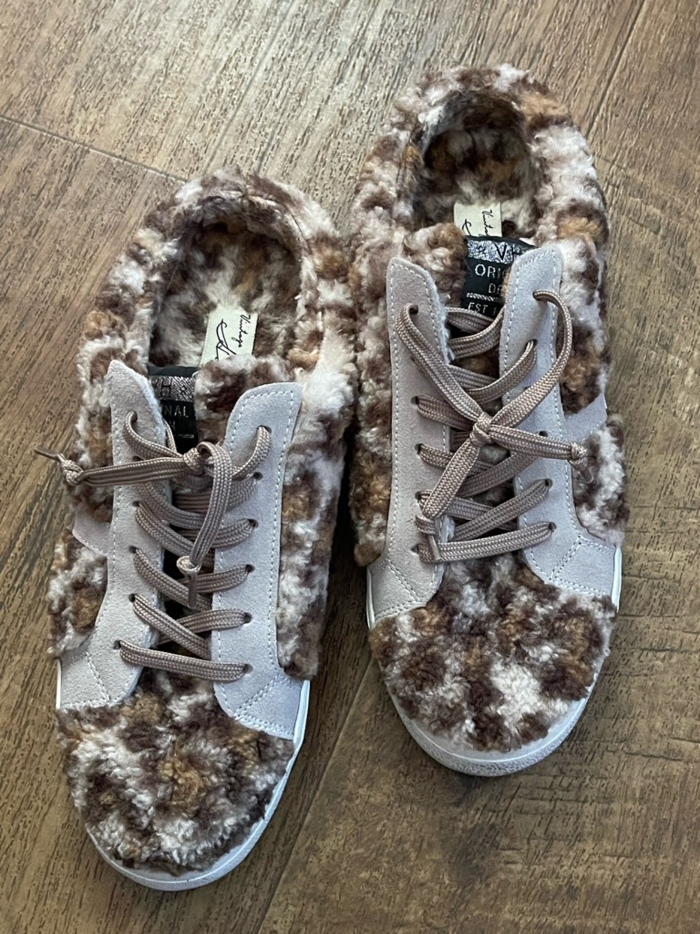 Vintage Havana Faux Shearling Lace-Up Slip On Mule Sneakers - Brown Multi